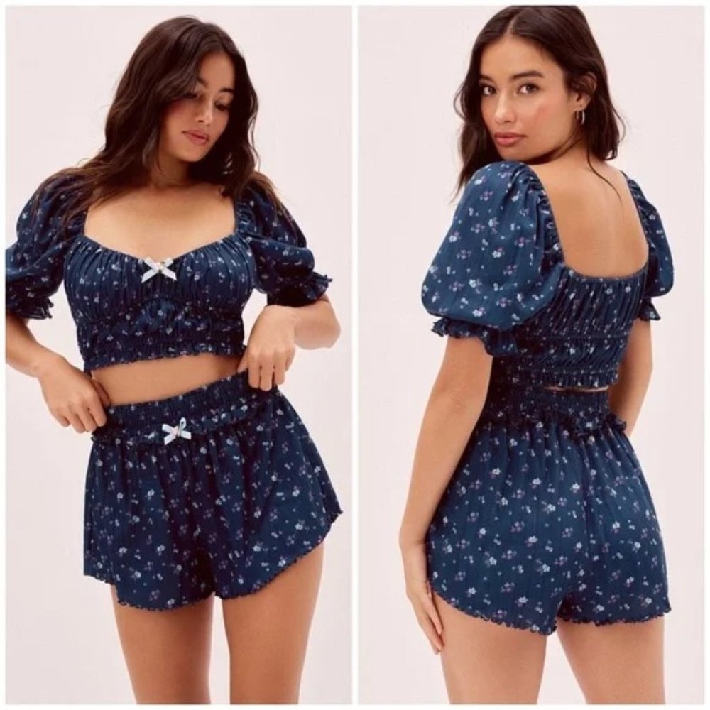 For Love & Lemons Navy Blue Lola Floral Blossom Crop Top Bottom Co-Ord Short Set